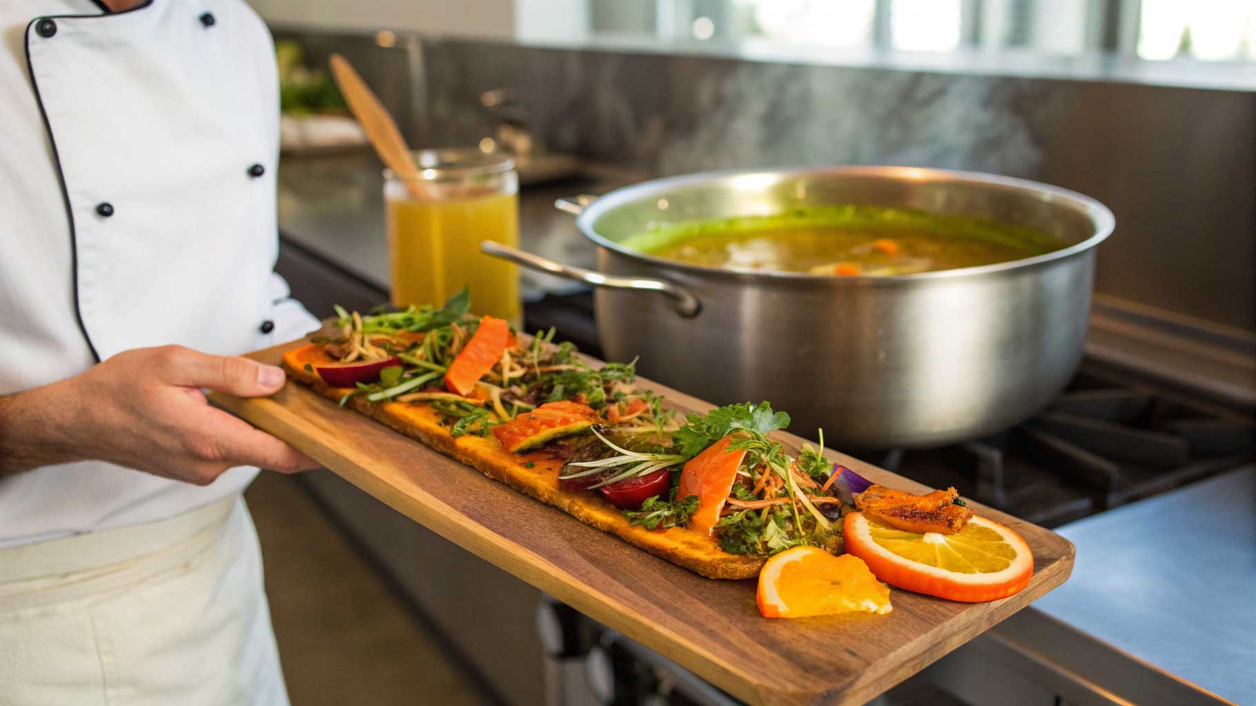 Chef reusing vegetable scraps in cooking to show how to turn waste into profit