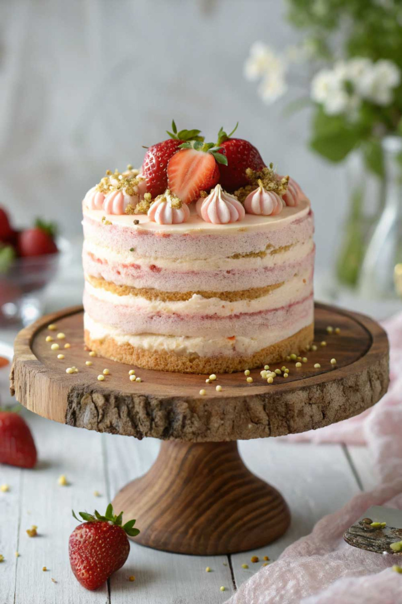 starwberry and champagne chiffon cake on a cake stand