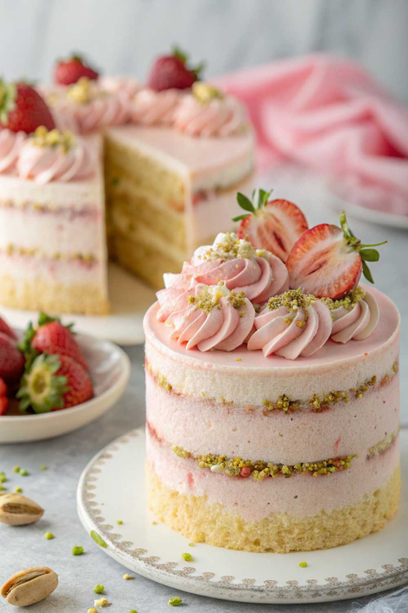 starwberry and champagne chiffon cake_ whole and slice