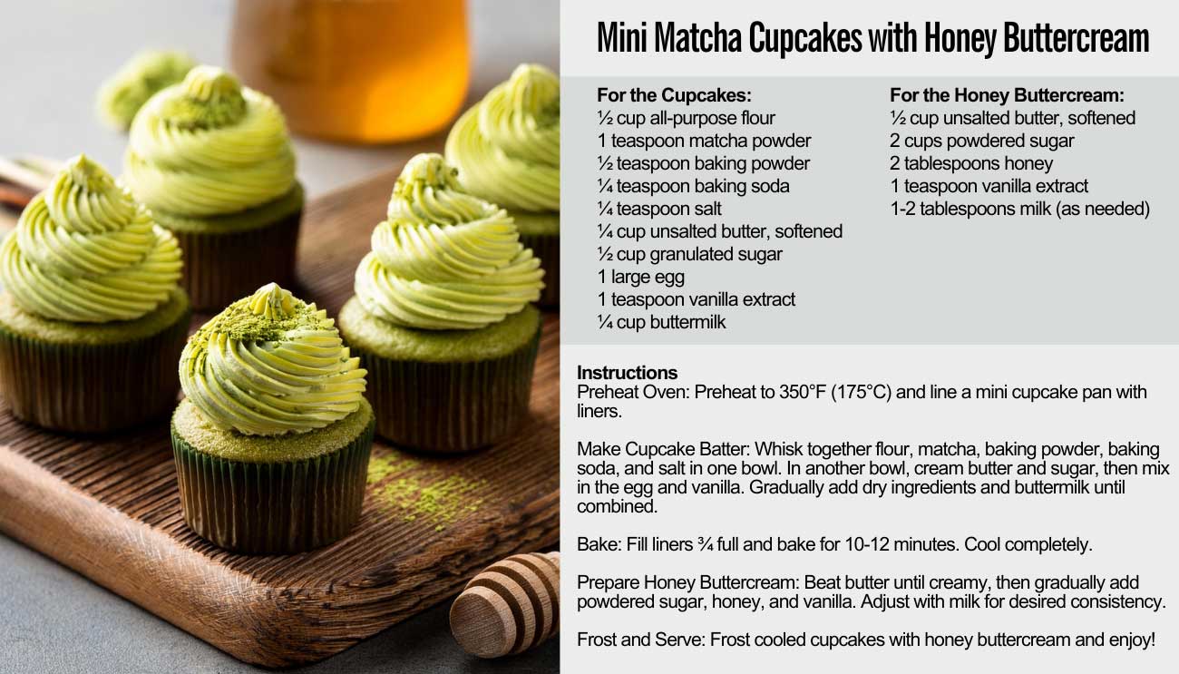 Recipe for Mini Matcha Cupcakes with Hiney Buttercream